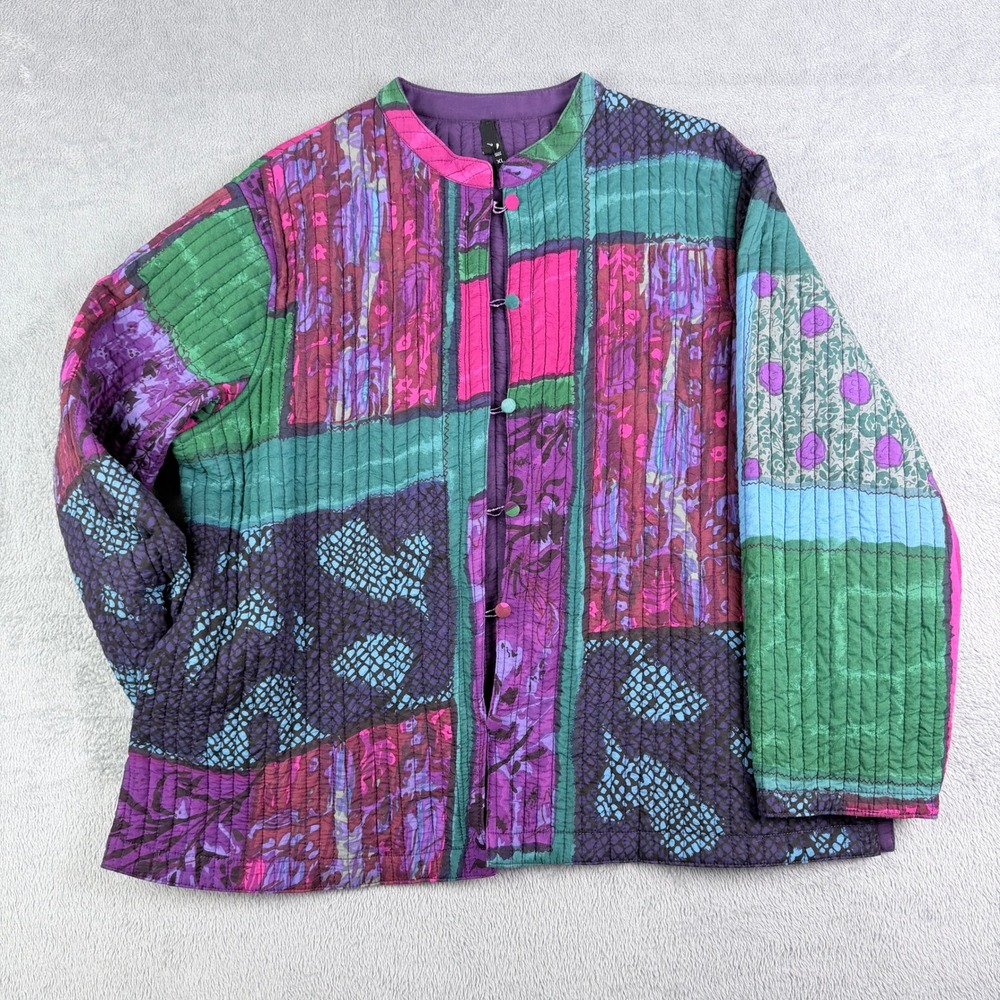 Phool Quilted Patchwork Cotton Jacket Purple Green Boho Art to Wear Women XL